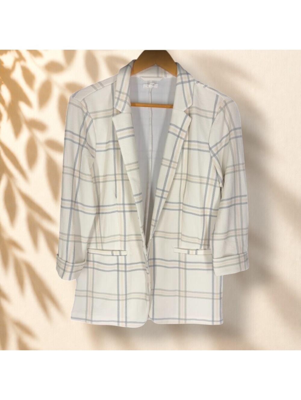Maurices Blazer Women M Medium White Plaid Collared 3/4 Sleeve Open Front Career